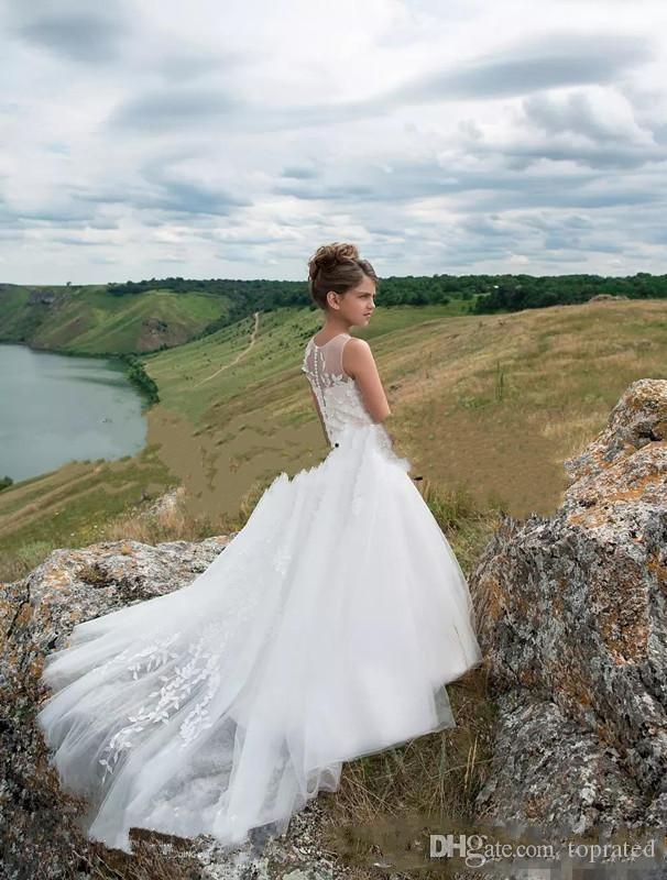 White Elegant Lovely Sheer Jewel Neck Lace Flower For Appliques A Line Little Girl Wedding Pageant Dresses