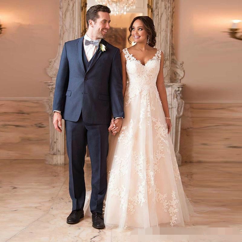 Elegant V Neck Dresses A E Straps Lace Applique Covered Buttons Sweep Train Custom Made Wedding Bridal Gown Plus Size 401 6660311
