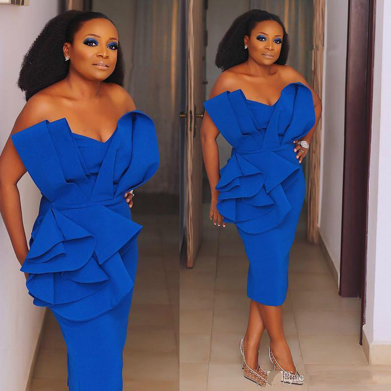 2020 Royal Blue Short African Mermaid Prom Dresses Ruched Sweetheart Maid of Honor Dress Tea Length sexy Evening Party Trumpet Gowns