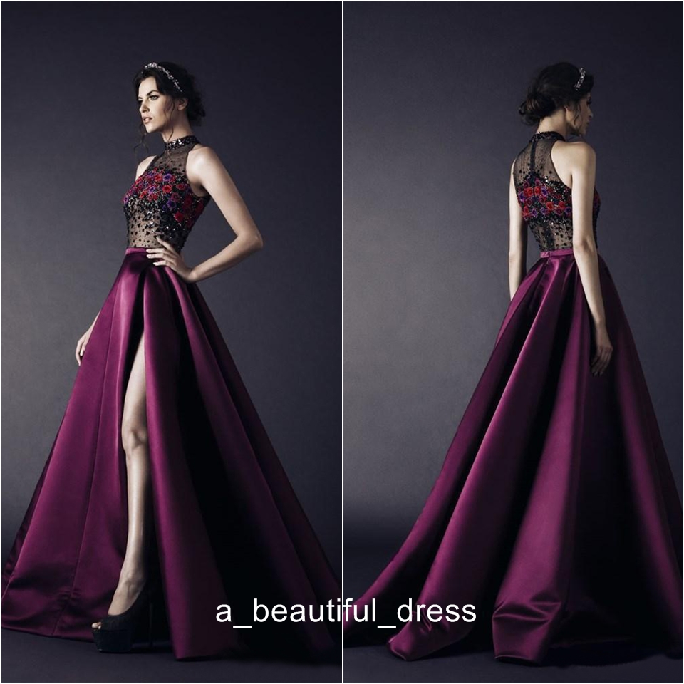 Front Split Evening Dresses High Collar Embroidery Beaded Prom Dress Sleeveless Floor Length Formal Prom Pageant Gowns ED1138