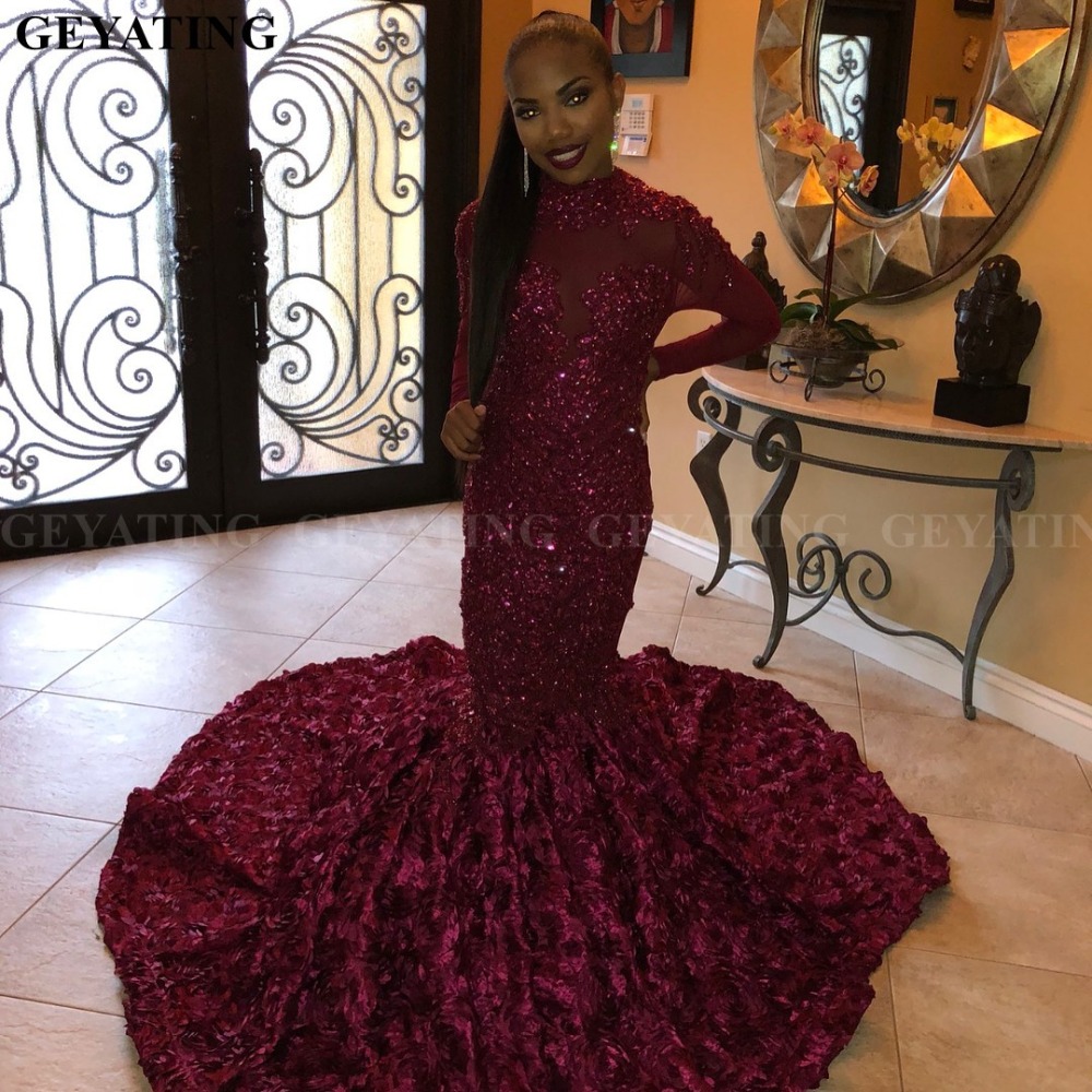 3D Flower Mermaid Royal Blue African Prom Dress Long Sleeves Chapel Train burgundy Beaded Crystal Plus Size Evening Graduation Party Dress