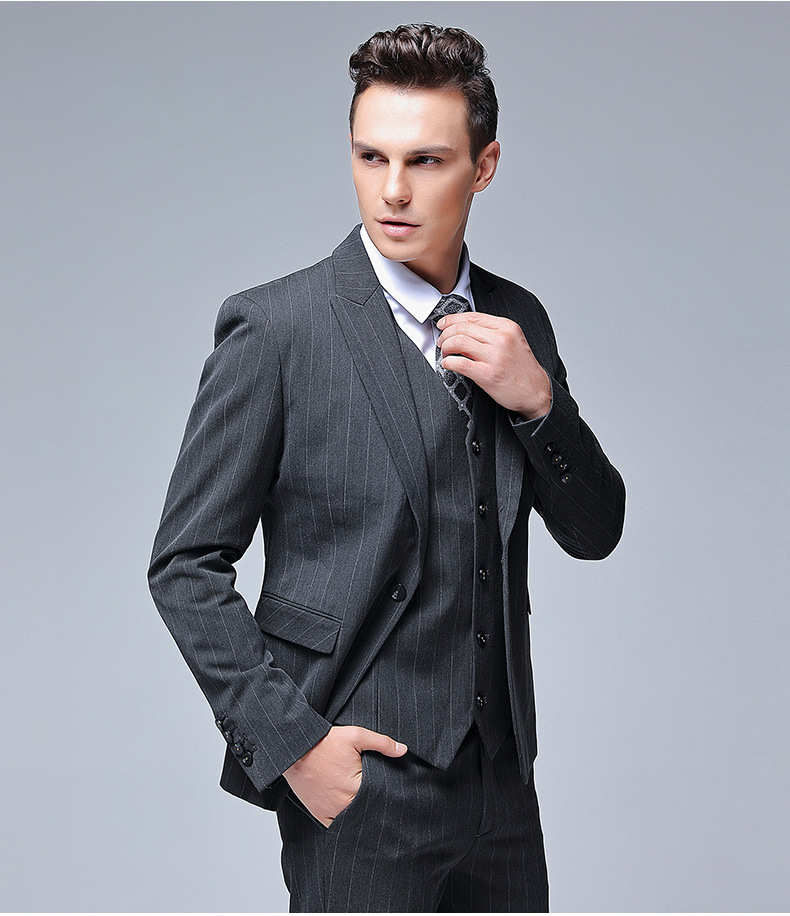 Piopular Grey Stripe Men Wedding Tuxedos Peak Lapel Slim Fit Groom Tuxedos Excellent Men Jachet Blazer 3 Piece Suit(Jacket+Pants+Tie+Vest)69