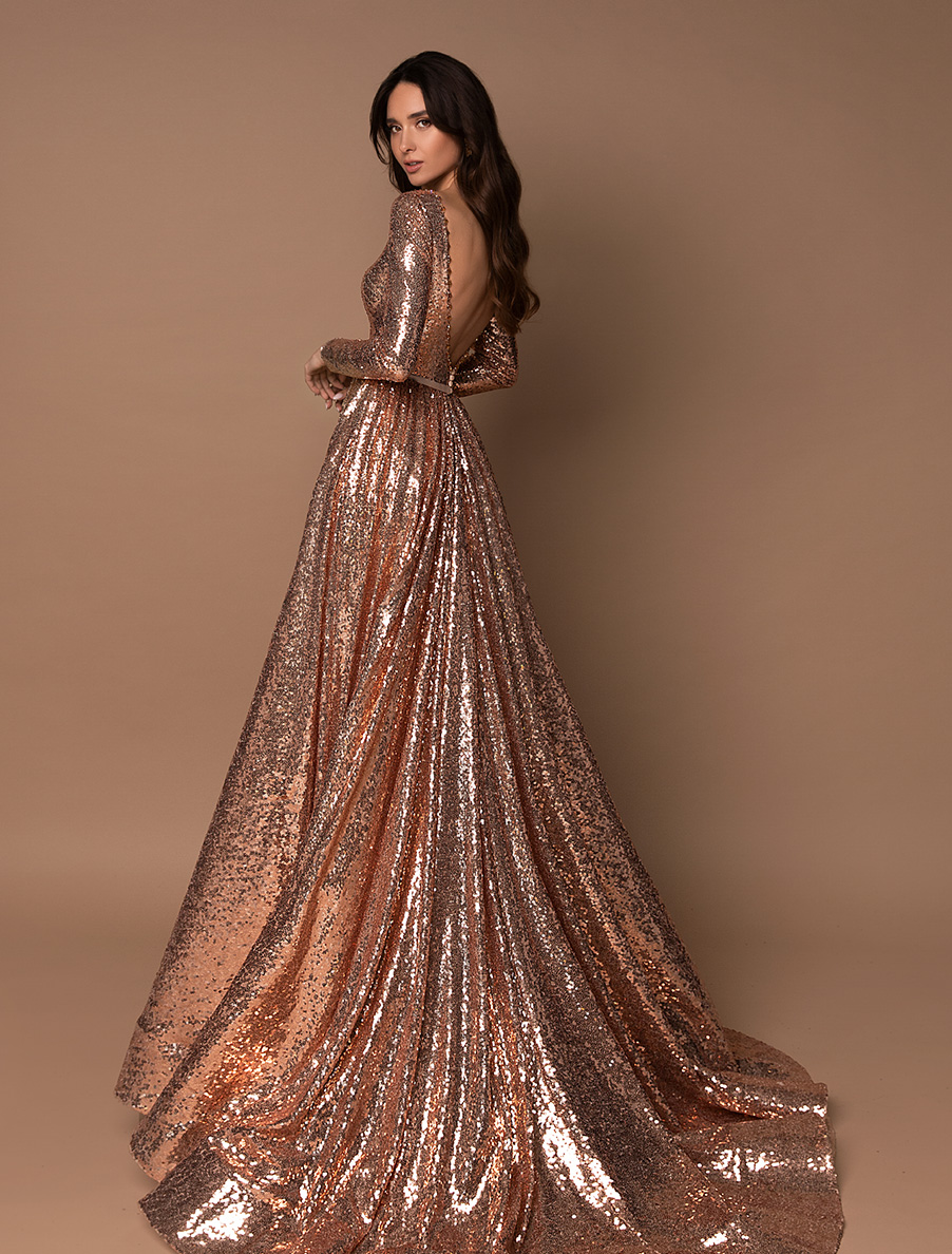 2020 Gold Glitter Evening Dresses V Neck Sequined Beaded Long Sleeves Prom Dress Backless Bow Sash Sweep Train Custom Made Formal Party Gown