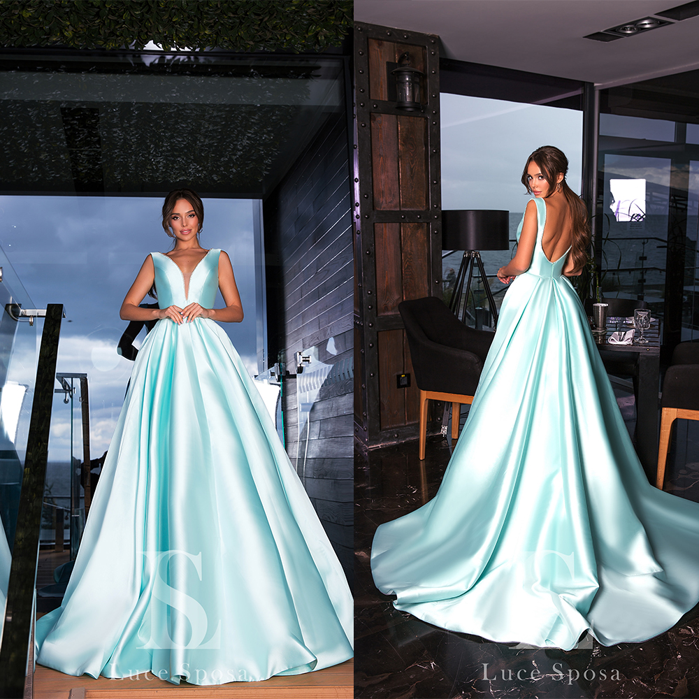 sky blue evening dresses v neck sleeveless beaded satin prom gown backless ruffle sweep train custom made formal party gown