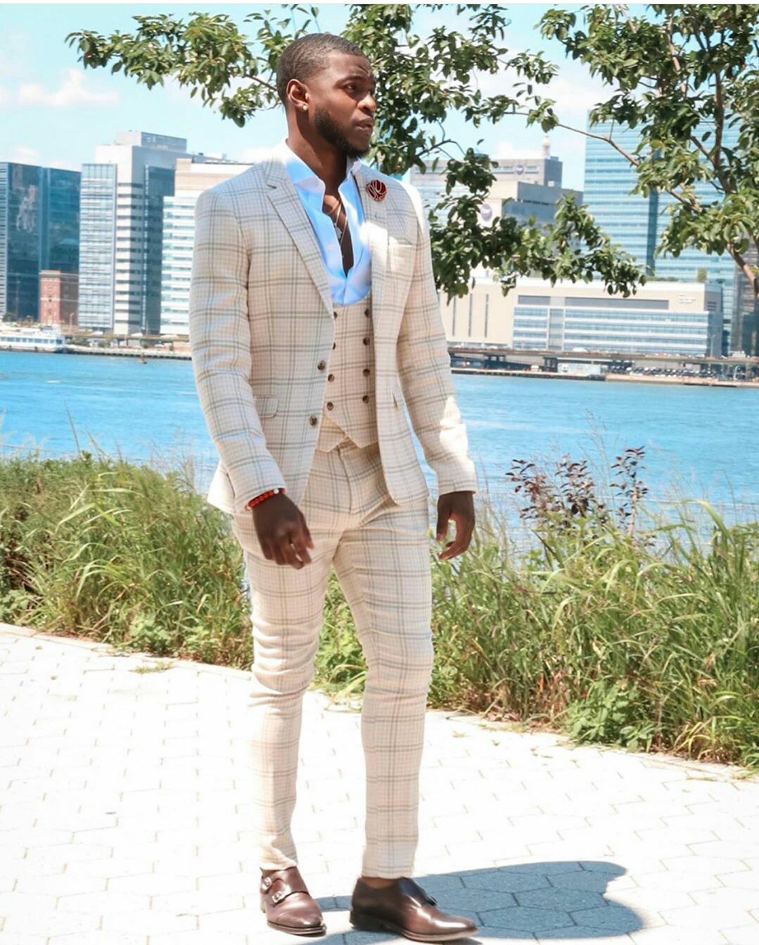 creamy mens suits three piece plaid tweed suit herringbone notched lapel custom made groom tuxedos wedding prom dress jacket pants vest