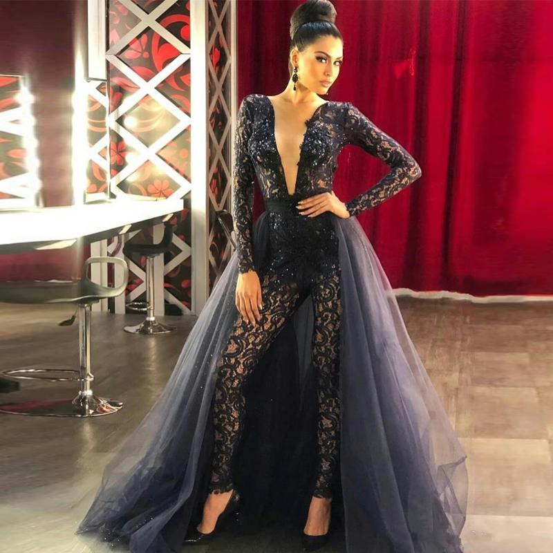 Stunning Jumpsuit Lace Evening Dresses With Tulle Detachable Train Deep V Neck Beaded Prom Gowns Long Sleeves Sequined Formal Dress