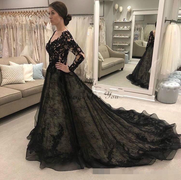 V Neck Black Prom Dresses Lace Applique Long Sleeves Sweep Train Tulle Custom Made Formal Evening Party Gowns