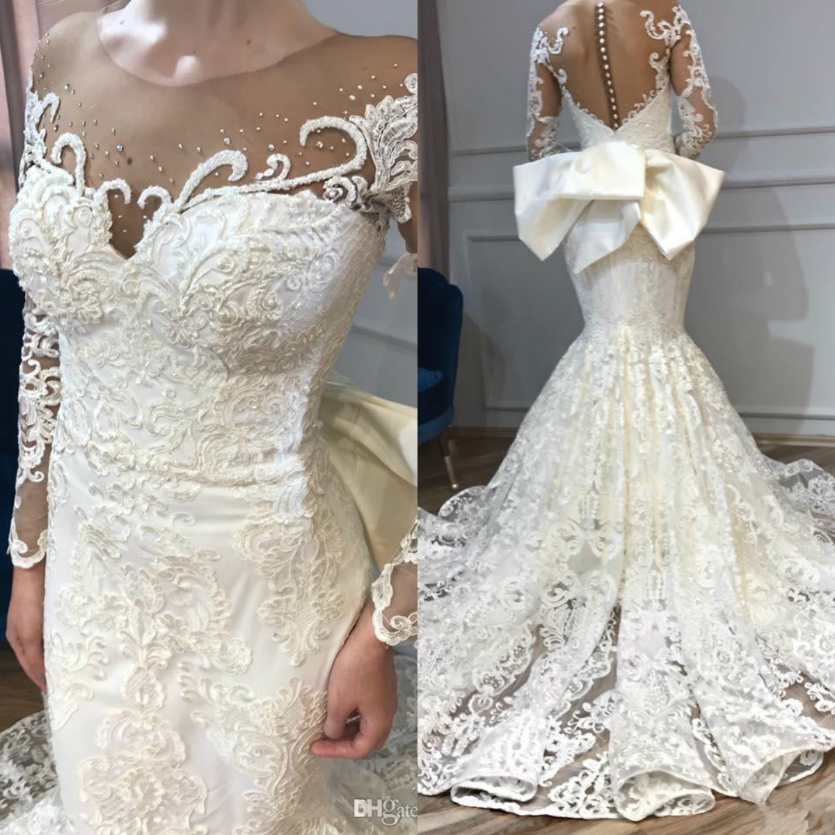 arabic mermaid lace wedding dresses long sleeve vintage appliqued beads bridal gowns sweep train wedding dress with bow