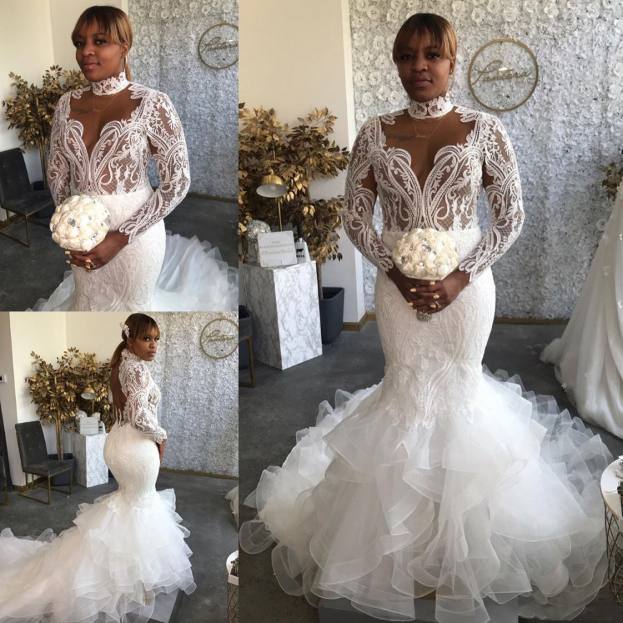 Fabulous Mermaid Lace Backless Wedding Dresses High Neck Long Sleeves Bridal Gowns Plus Size Sweep Train Tulle Tiered robes de mariée, Same as image
Fabulous Mermaid Lace Backless Wedding Dresses High Neck Long Sleeves Bridal Gowns Plus Size Sweep Train Tulle Tiered robes de mariée, Same as image
