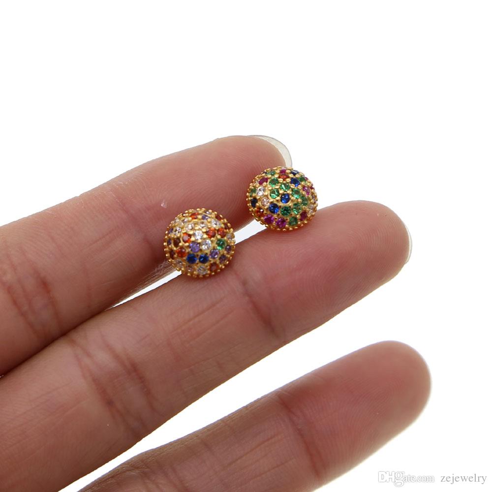 geometric ball round stud earring 2019 women fine 925 sterling silver colorful rainbow cz paved classic simple fashion jewelry