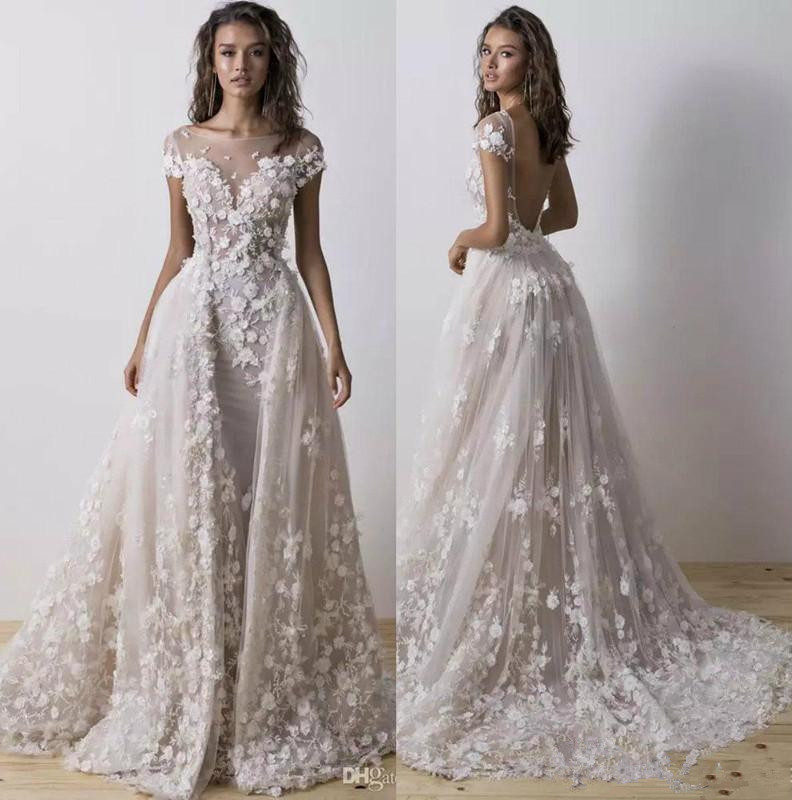 Chapel train Wedding Dresses With 3D Flower Beads Wedding Gown Scoop Neck Short Sleeve Backless Bridal Dress with overskirt Vestido De Novia