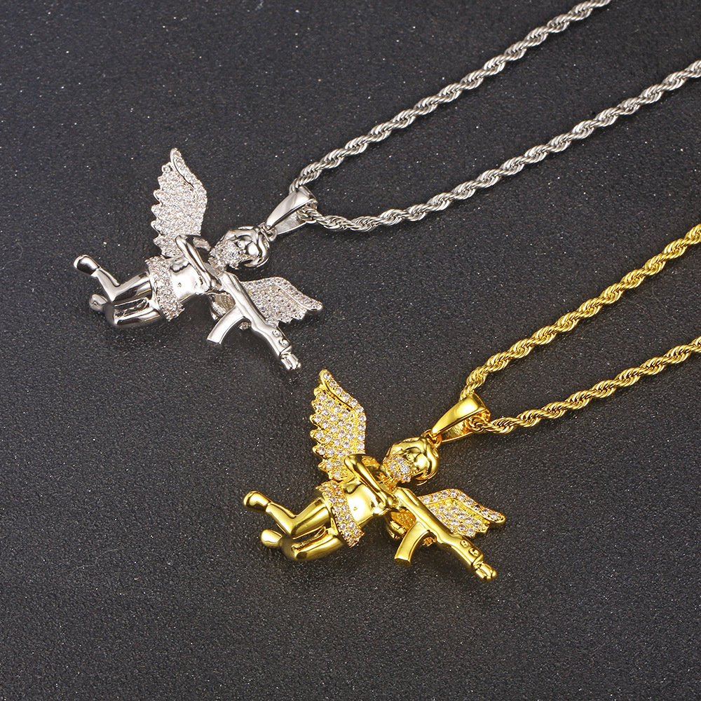 Hip Hop Revenge Angel with Gun Pendant Necklace Full Zircon Winging Angel Men Women Lover Couple Jewelry