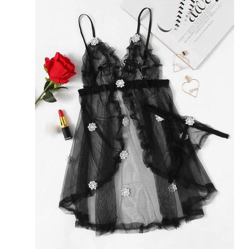 

Women Nightdress Sleepwear Nightgown Sexy Black Lingerie Flower Detail Mesh Slip Set Babydoll Nightwear Nuisette #2M16