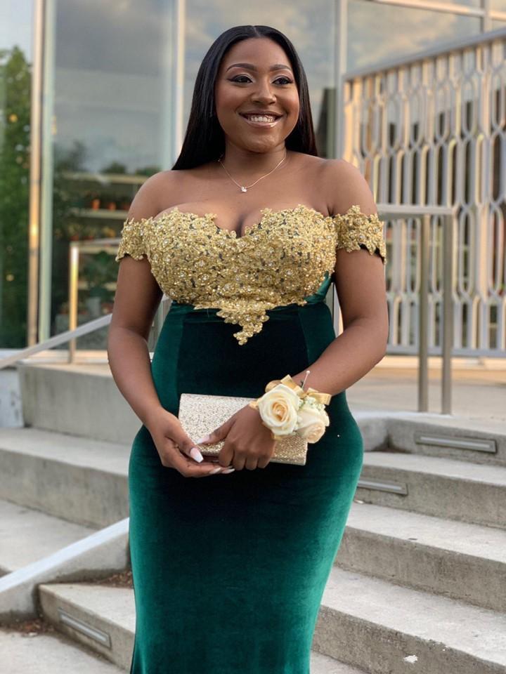 Off Shoulder Hunter Green Mermaid Evening Dressses Girls Velvet Sweep Train Prom Gowns Abendkleider With Gold Appliques