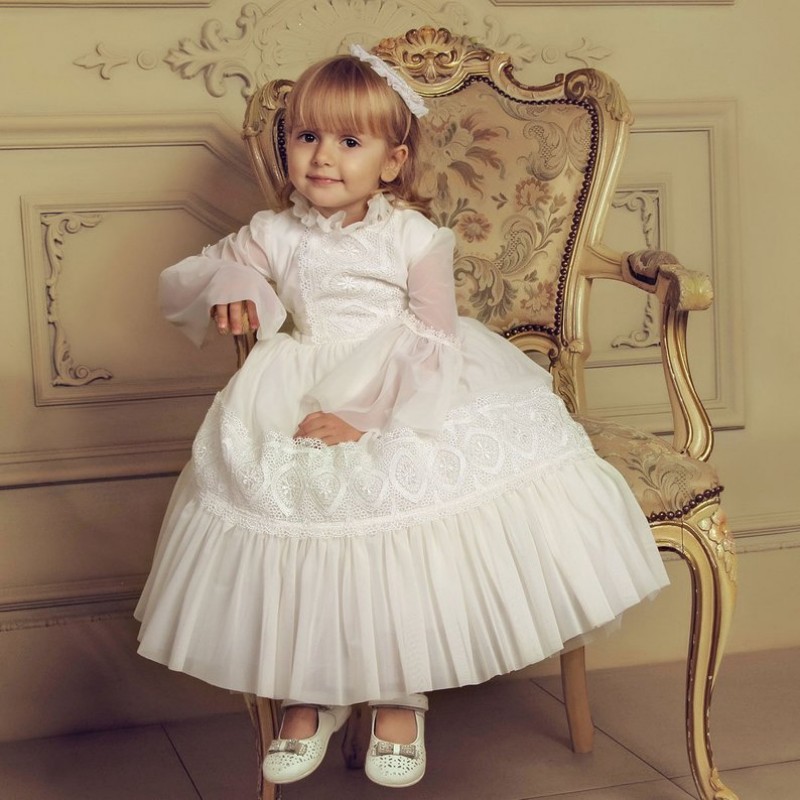 Cute Little Flower Girls' Dresses White Tulle Applique Jewel Neck Pageant Dress Ankle Length Birthday Party Wear