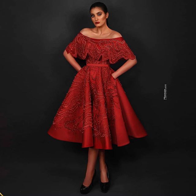 Arabic Red Prom Dresses Pearls Beaded A Line Off The Shoulder Evening Dress Custom Made Formal Cocktail Party Dress
