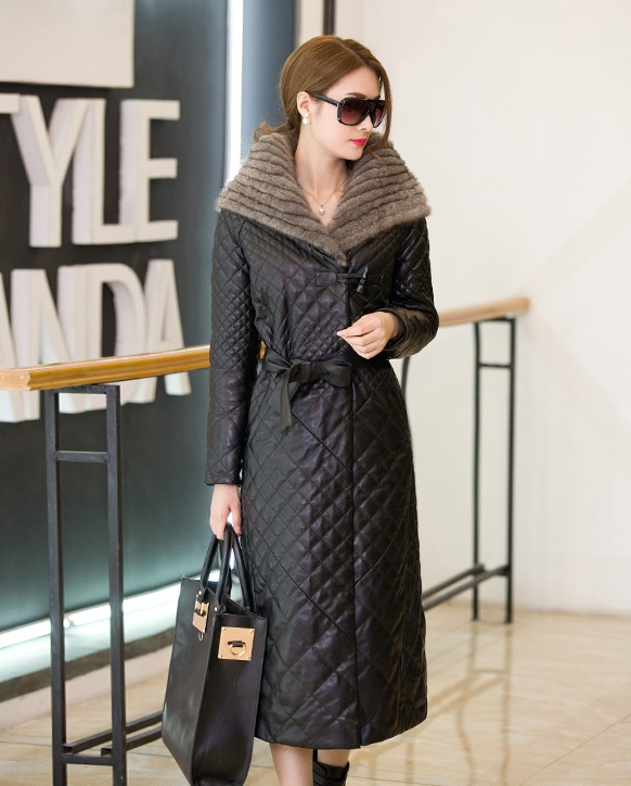 women winter hooded coats long sleeves leather jacket knee length slim fit heavy fur collar cottonpadded clothes in stock