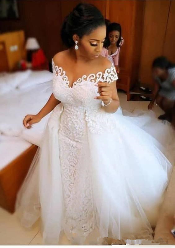 Sexy African Nigerian Mermaid Wedding Dresses With Detachable Train Full Lace Applique Sheer Off The Shoulder Short Sleeve Bridal Gowns Z147 0510