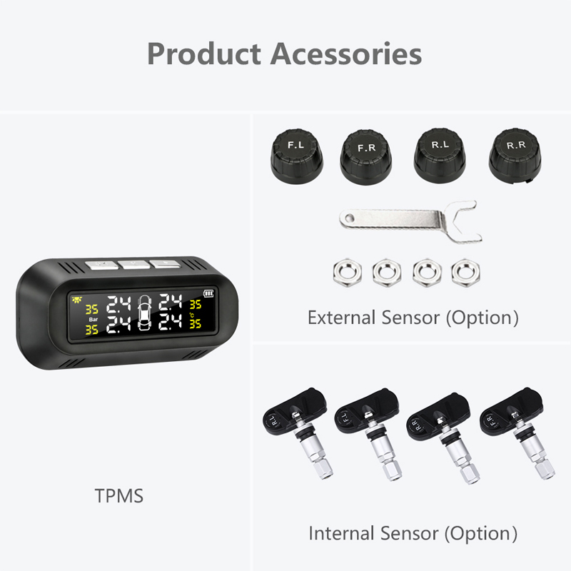 Solar TPMS Car Tire Pressure Alarm Monitor System Display Attached to glass tpms Temperature Warning With 2 Sensors