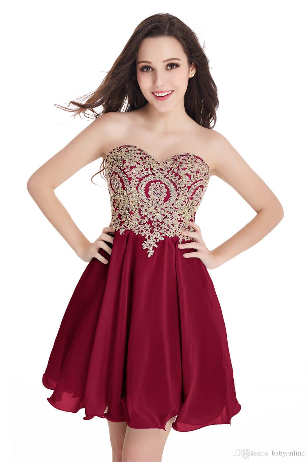 Babyonlinedress Sexy Backless Golden Lace Homecoming Dresses 2020 Charming Sweetheart Neck Chiffon Short Cocktail Party Prom Gowns CPS406