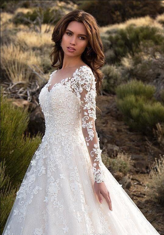 2019 new Vestidos De Noiva Sexy V Neck Backless A Line Sheer Lace Applique Long Sleeves Bridal Wedding Dress Classic Wedding Gowns