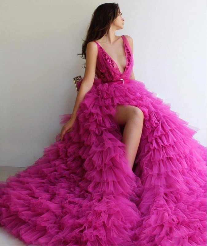 Sexy Fuchsia A Line Prom Dresses Thigh High Slits Lace Appliqued Formal Evening Gowns Tiered Ruffles Sweep Train robes de soirée