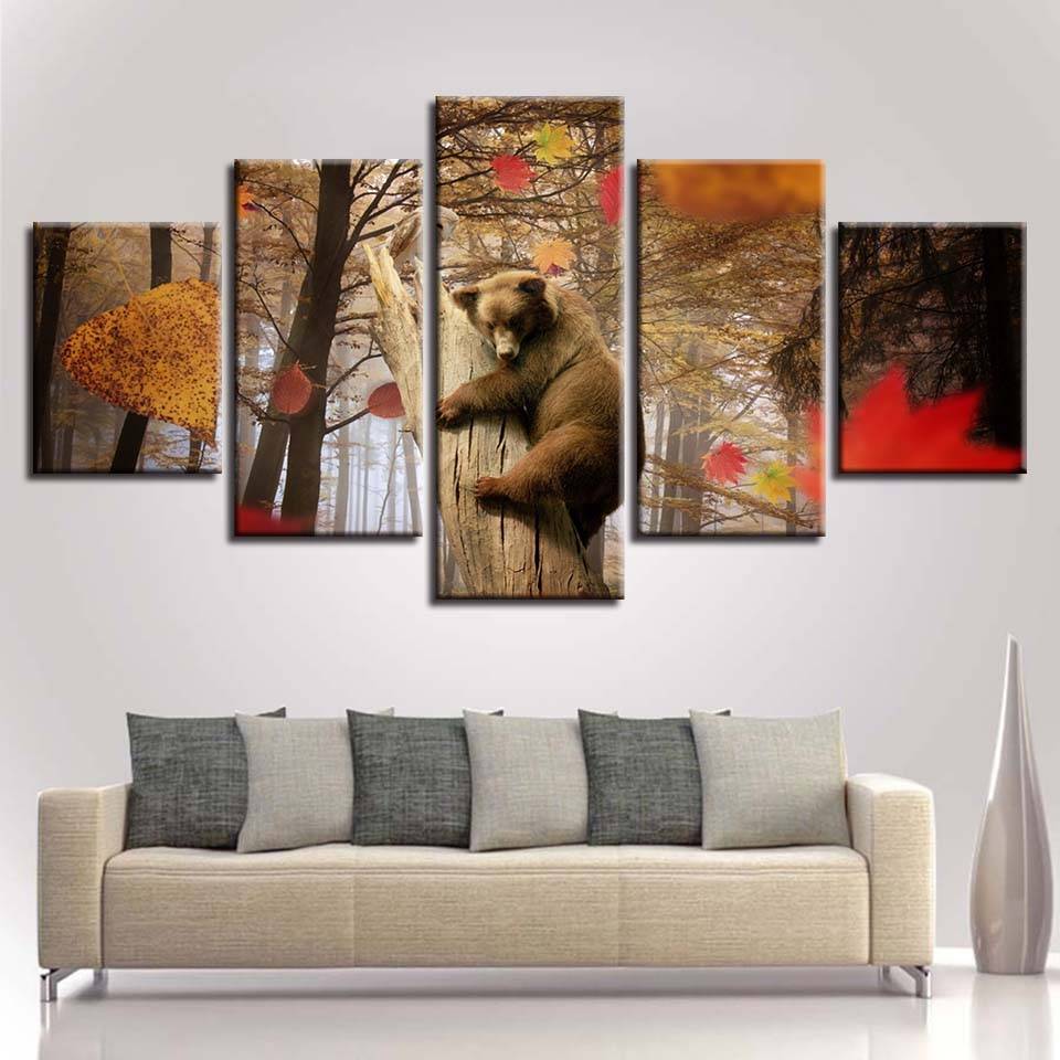 5 Pieces Animal Cute Dog Bear In The Tree And Maple Leaf Scenery Painting Modular Decor Wall Pictures(No Frame)