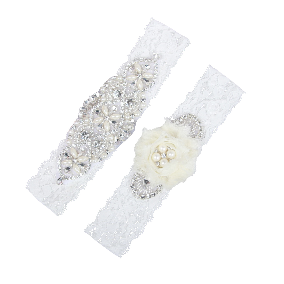 Bridal Garters Blue Chiffon Flowers Crystal Beads 2pcs Set Handmade White Lace For Bride's Wedding Garters Leg Garters Plus Size 18020