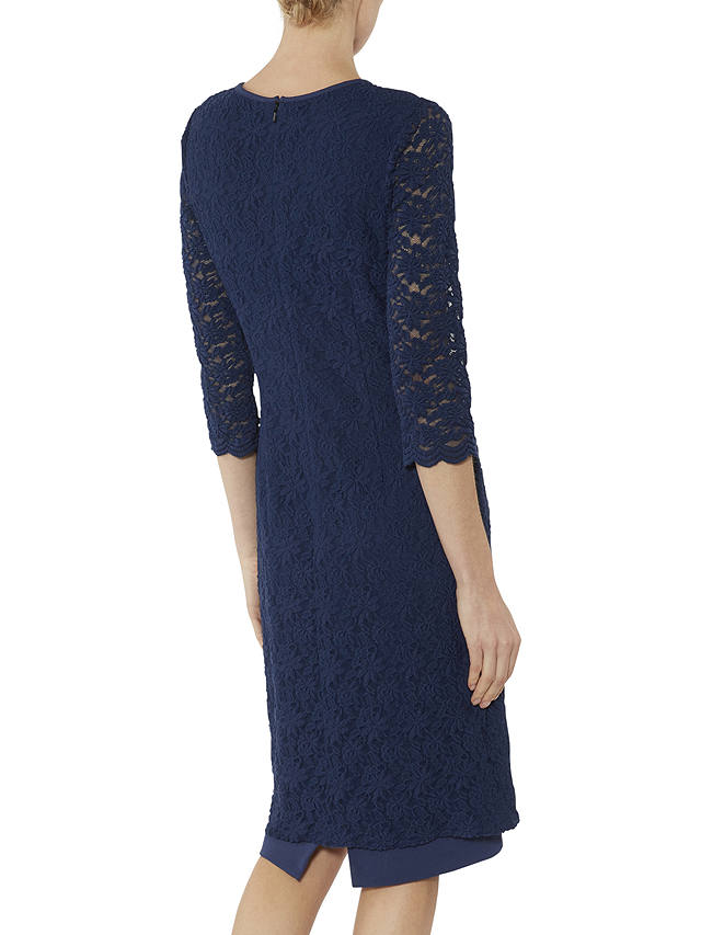 2019 Navy Knee Length Mother of Bride Dresses Jewel Neck Lace Jacket Plus Size Suits Appliques Elegant Wedding Guest Dresses