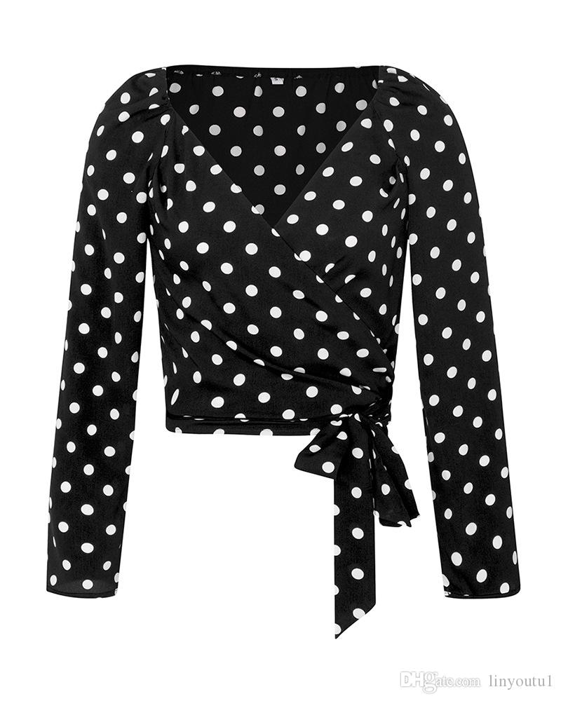 2020 Women Sexy Long Puff Sleeve V-Neck Polka Dot Ruched Blouse Shirt With Belt V-neck wave puff sleeve with belt shirt