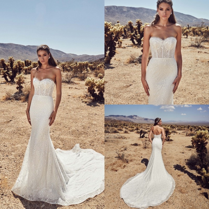 2020 Sexy Mermaid Wedding Dresses Strapless Backless Sequins Appliques Lace Wedding Dresses Court Train Bridal Gowns