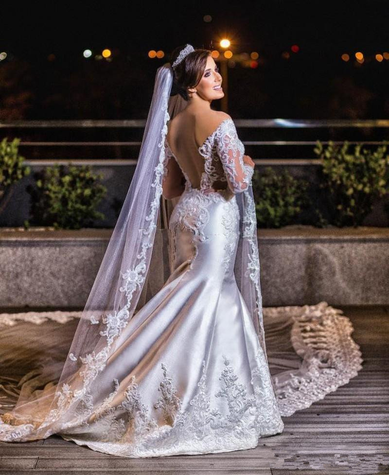 Cathedral Train Mermaid Wedding Dresses With Long Sleeve Plus Size Sheer Off Shoulder Lace Applique Arabic Dubai Castle Civil Bridal Gowns