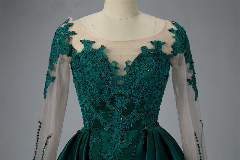 setwell dark green satin mermaid evening dresses custom side split gown detachable train long sleeves prom dress robe de soiree