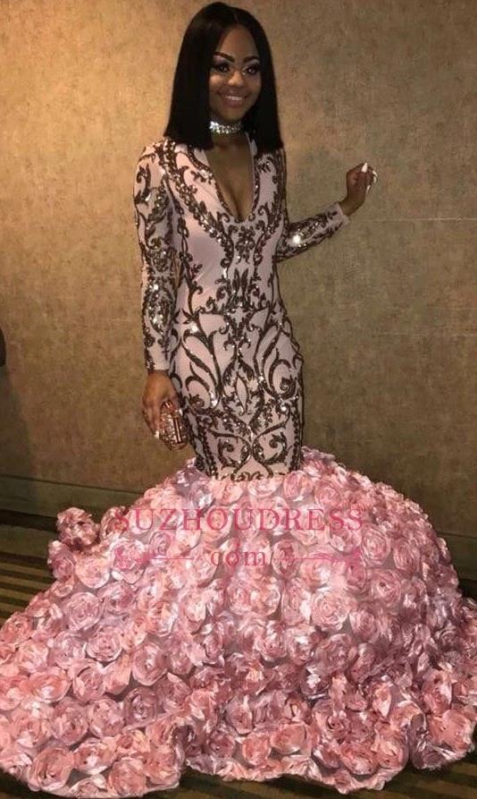 African Black Girls Pink Mermaid Long Prom Dresses 2019 Long Sleeves V Neck 3D Floral Flowers Floor Length Evening Party Gowns BC1363