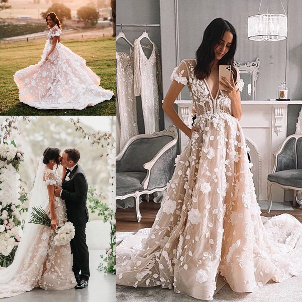 Champagne Wedding Dresses Boho V Neck Lace 3D Floral Appliques A Line Country Bridal Gowns Sweep Train Custom Made Beach Wedding Dress