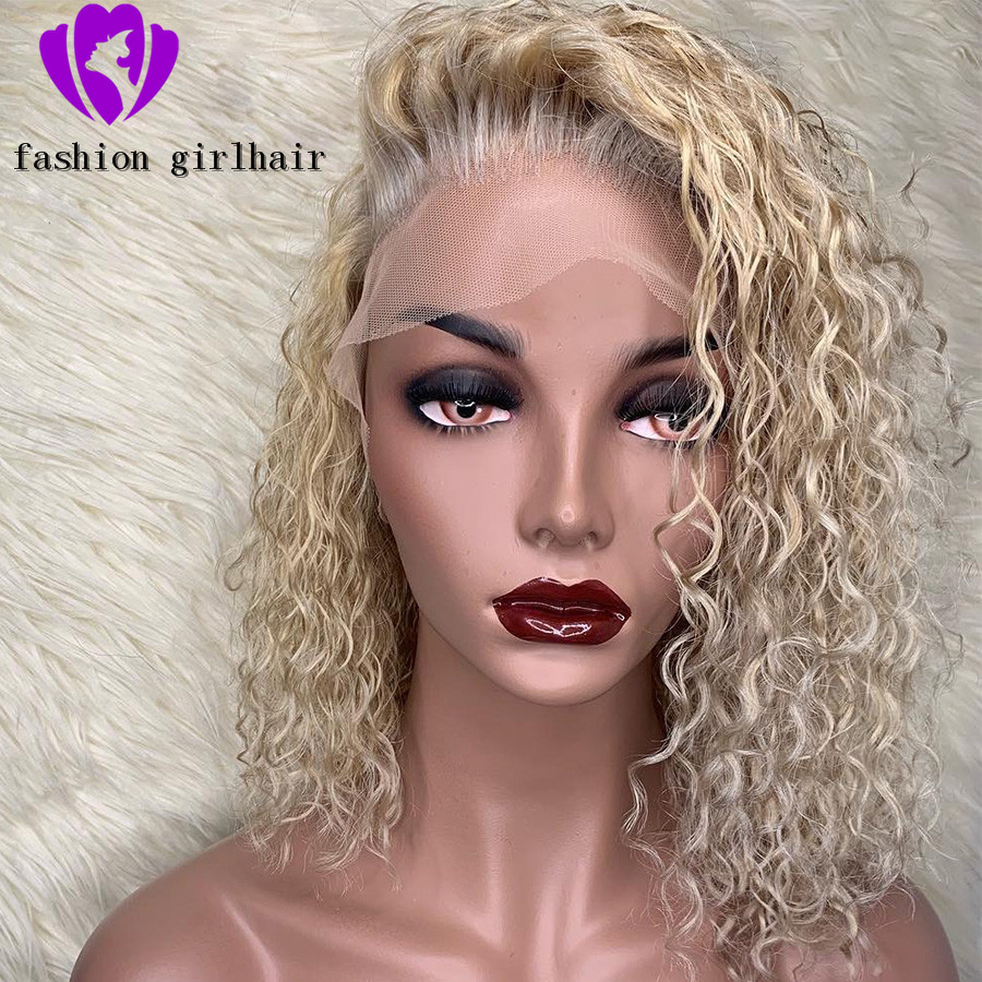 Free shipping 150% Blonde Curly 13*4 Side Parting Front Wig 613 Transparent Lace Colorful Short Bob synthetic Wigs heat resistant for white women