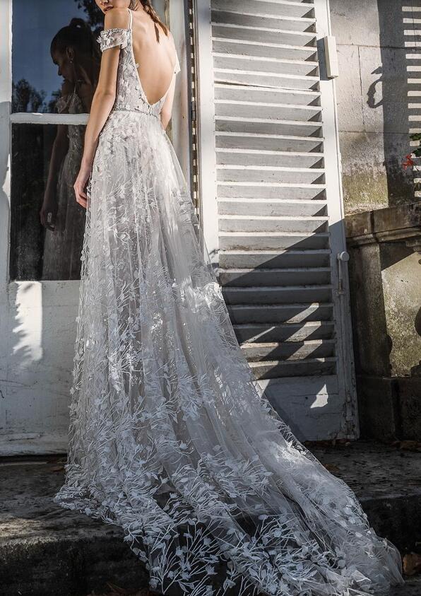 Birenzweig Bohemian Wedding Dresses Spaghetti Lace 3D Floral Appliqued Sexy Backless Bridal Gowns Sweep Train Beads Beach Wedding Dress