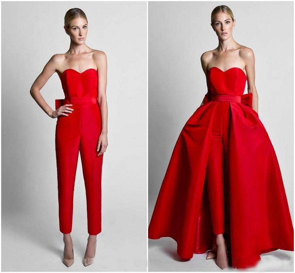 2020 New Hot Sale Red Jumpsuits Formal Evening Dresses With Detachable Skirt Sweetheart Prom Dresses Party Wear Pants for Women