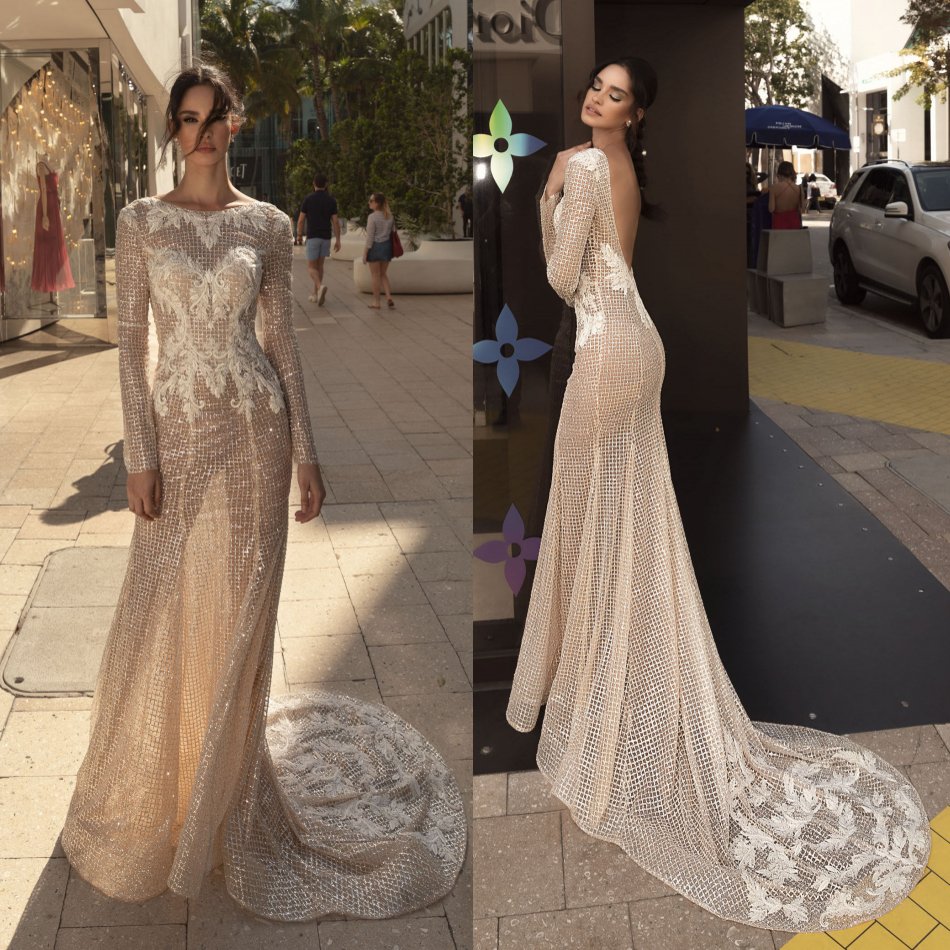 Crystal Design Mermaid Wedding Dresses Applique Backless Bridal Gowns Tulle With Glittle Long Sleeve Wedding Dress Vestidos De Novia