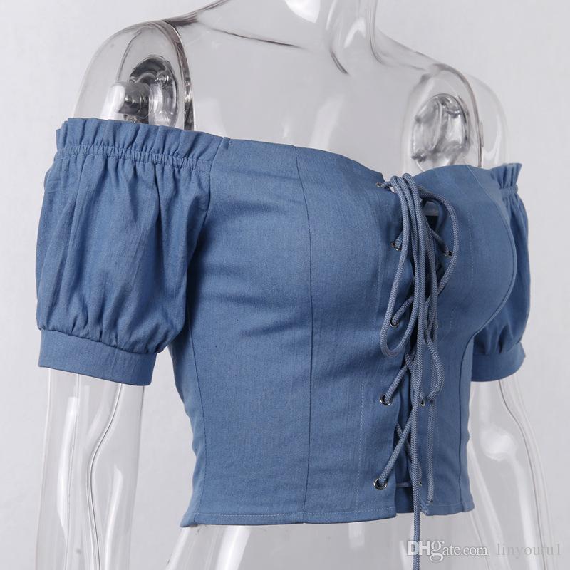2020 Summer wild denim vest Lantern Sleeves word Shoulder sexy short jacket women's straps exposed navel T-shirt casual