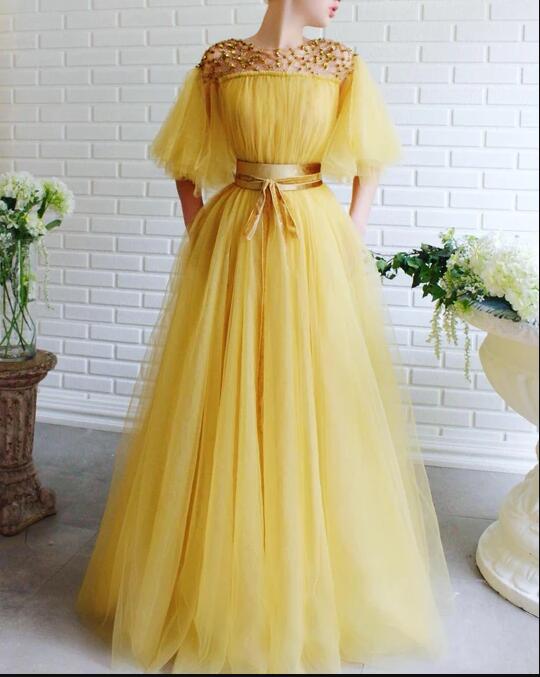 2020 Designer Yellow Prom Dresses Jewel Neck A Line Embroidered Crystals Evening Dress Custom Made Formal Special Occasions Gowns
