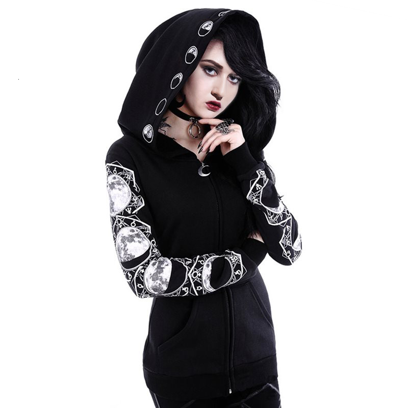 Rosetic Women Hooded Zipper Casual Black Hooded Pockets Letter Moon Print Gothic Punk Hoodies Female Dark Sweatshirt Goth LY191115
Rosetic Women Hooded Zipper Casual Black Hooded Pockets Letter Moon Print Gothic Punk Hoodies Female Dark Sweatshirt Goth LY191115
