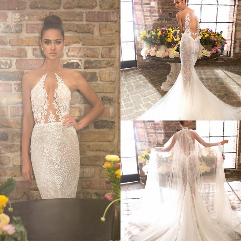 Elihav Sasson 2019 Mermaid Wedding Dresses With Cape Sheer Neck Lace Appliqued Beach Boho Sweep Train Bridal Gowns robe de mariée