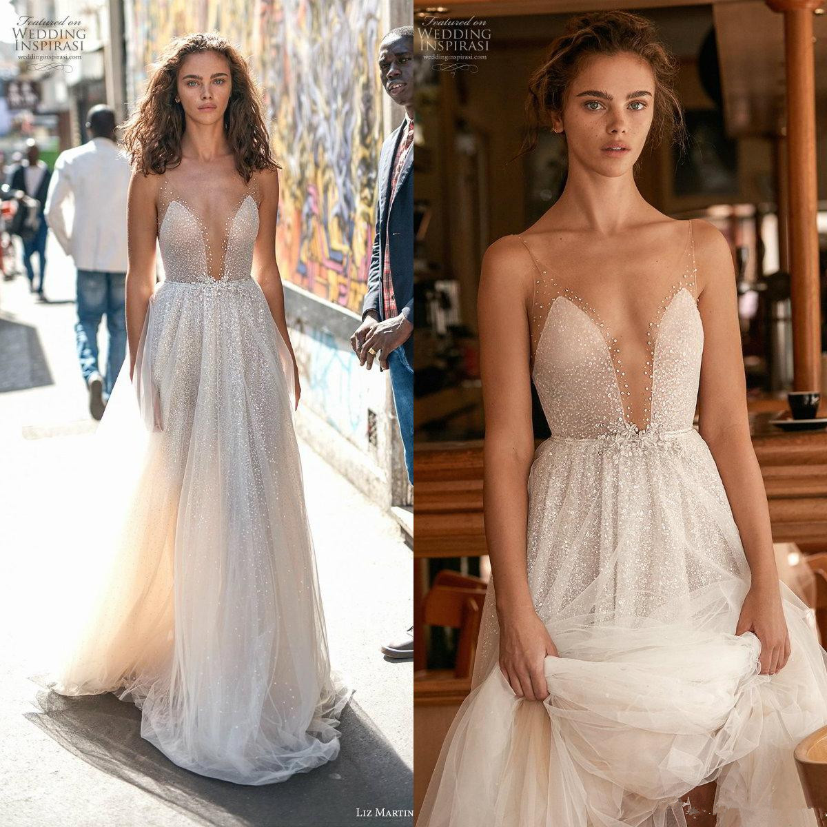 liz martinez boho wedding dresses spaghetti straps sequined beach bridal gowns beads wedding dress robes de marie