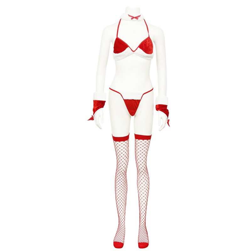 Christmas 6pcs Sexy Bunny Costume Lingerie Set Red Festive White Fuzzy Trim Bikini Swimsuit with Net Stockings Ear Headband Neckband Gloves
