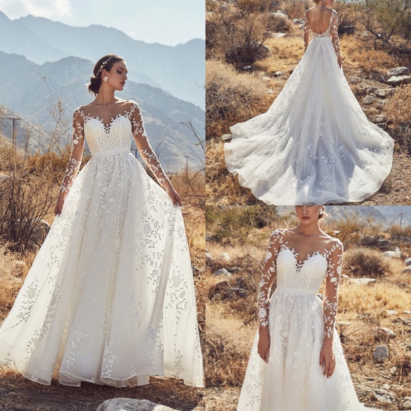 Calla Blanche 2019 Long Sleeve Wedding Dresses Lace Appliqued Sheer Neck Bridal Gowns For Beach Gardens Backless Sweep Train Wedding Dress
