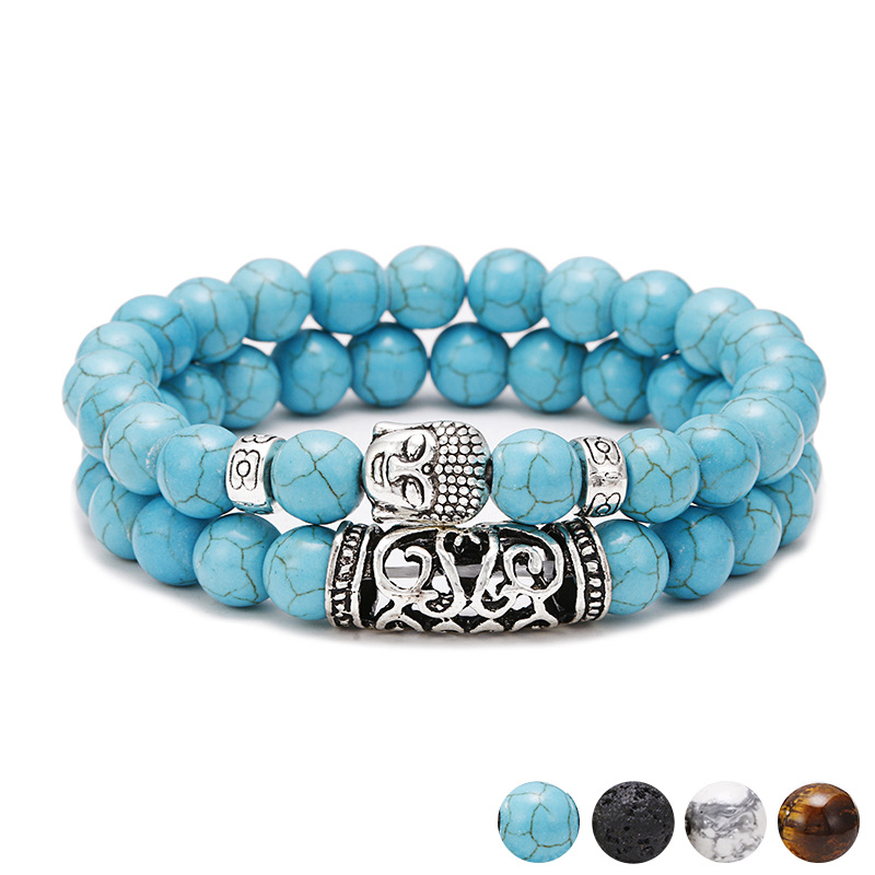 Natural Stone Set Bracelet (2 pieces) 8mm Lava Rock Essential Oil Diffuser Bracelet Charm Men's Couple Bracelet