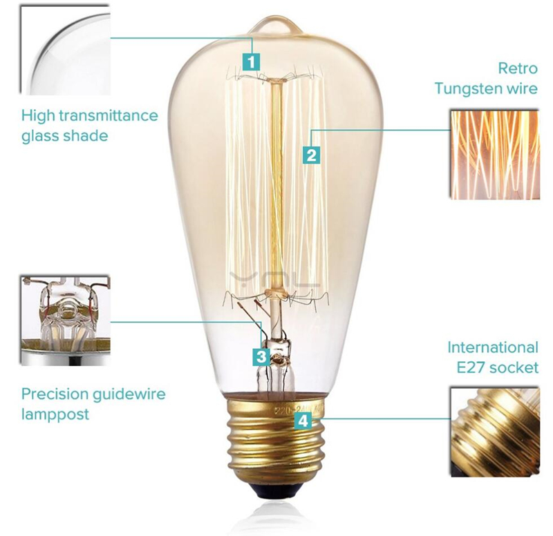 Retro Edison Light Bulb E27 110V 220V 40W ST64 A19 T10 T45 T185 Filament Vintage Ampoule Incandescent Bulb Edison Lamp