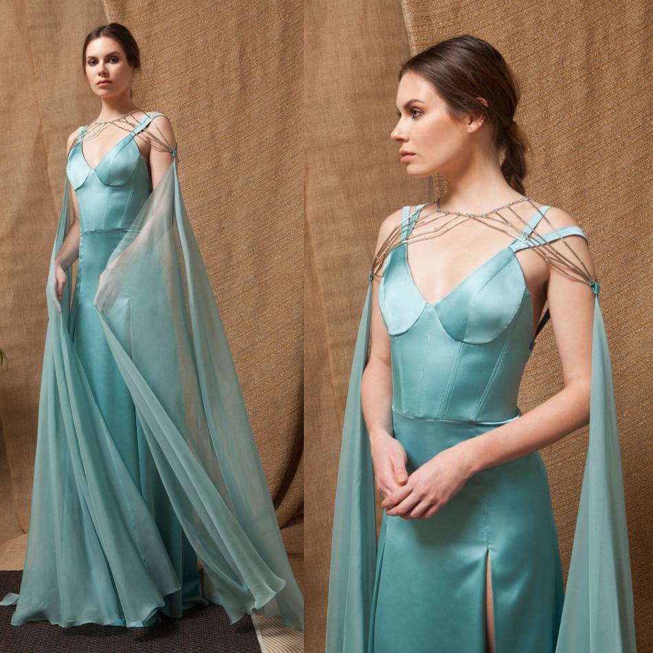 Sage 2019 Spaghetti Prom Dresses With Long Chiffon Wraps Side Split Satin Floor Length Evening Gowns Plus Size Formal Party Dress