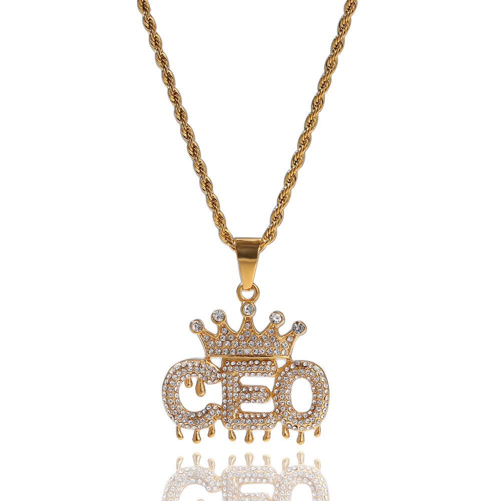 Mens Crown CEO Initial Letters Pedant Cuban Chain Necklace Stainless Steel Personalized Gold Diamond Bling Diamond Hip Hop Jewelry Gifts for Men Miami